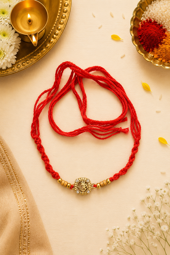 Radiating Om rakhi with rice, haldi & kum kum dibbi gift pack.