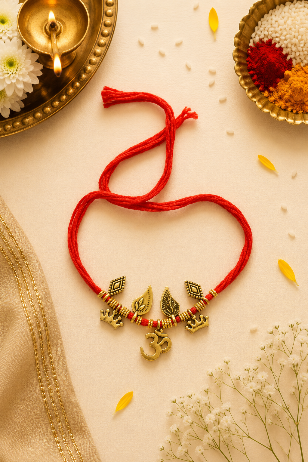 Om dangler rakhi with rice, haldi & kum kum dibbi gift pack.