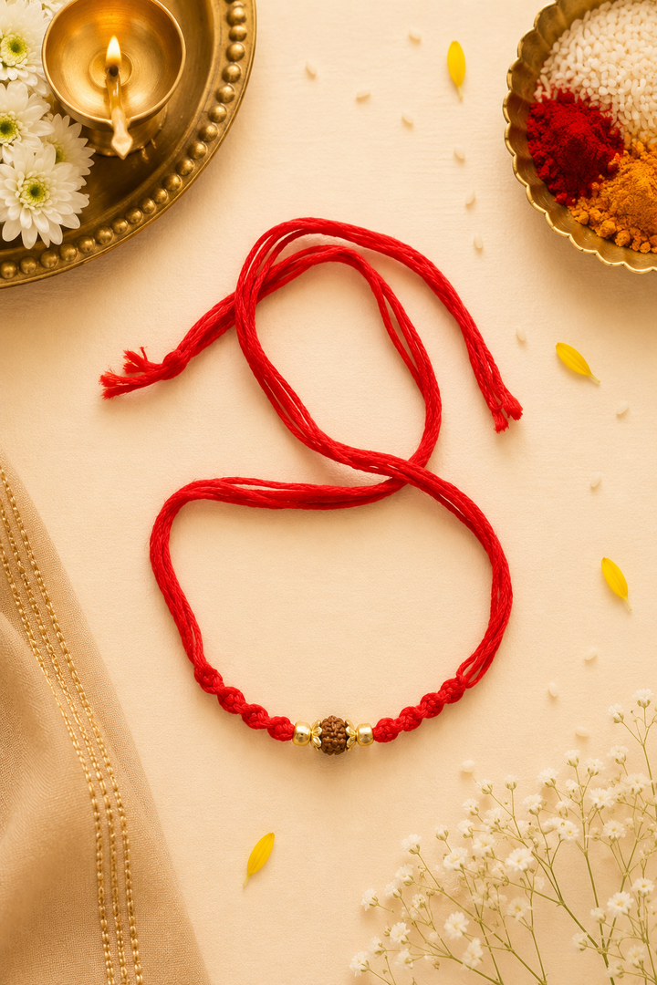Rudra rakhi in red thread with rice, haldi & kum kum dibbi gift pack.