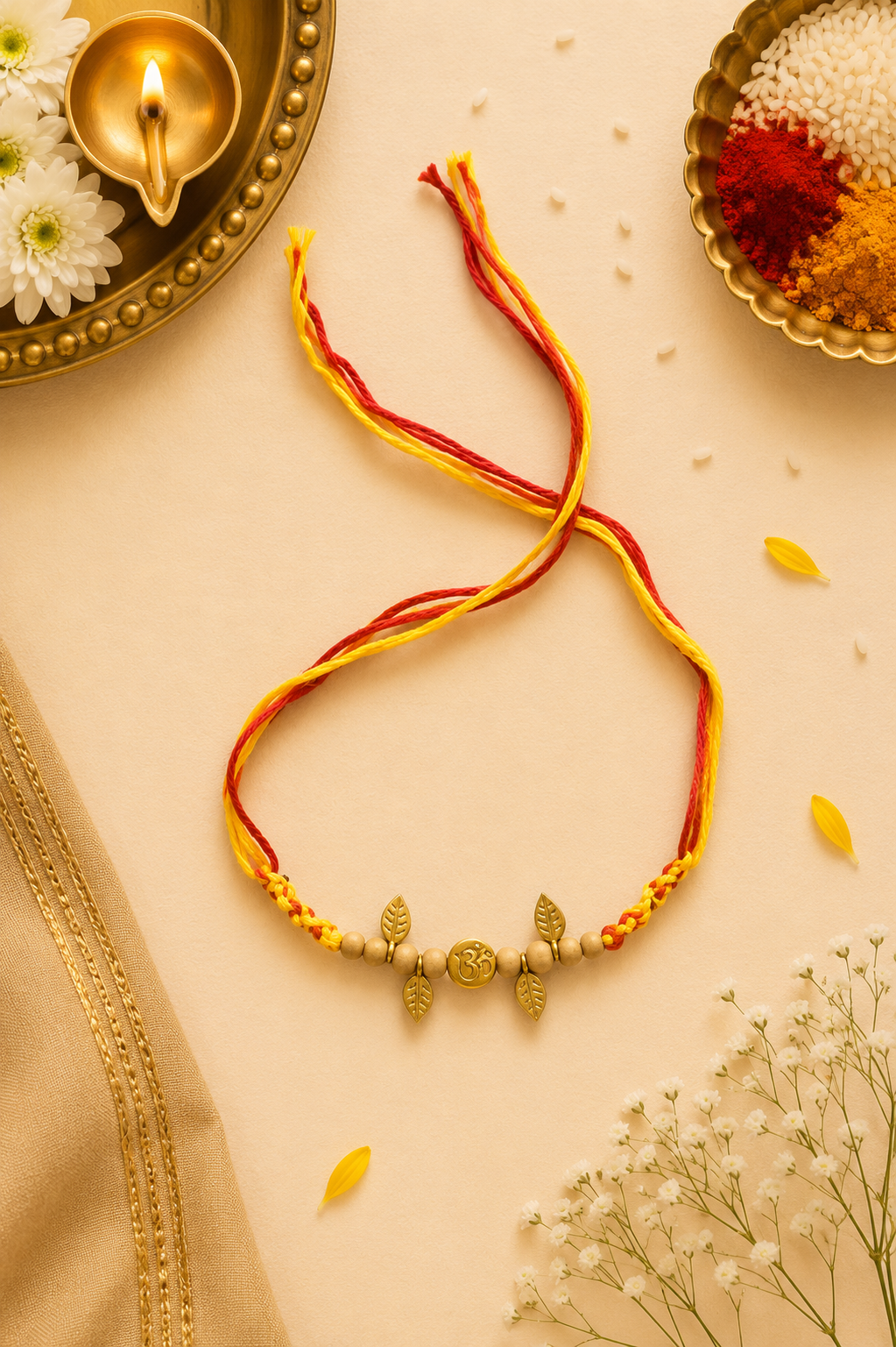Om tassel Rakhi with rice, haldi & kum kum dibbi gift pack