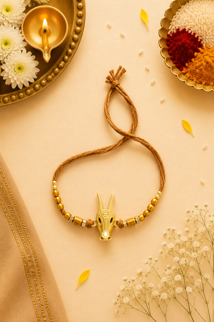 Nandi brass rakhi with rice, haldi & kum kum dibbi gift pack.