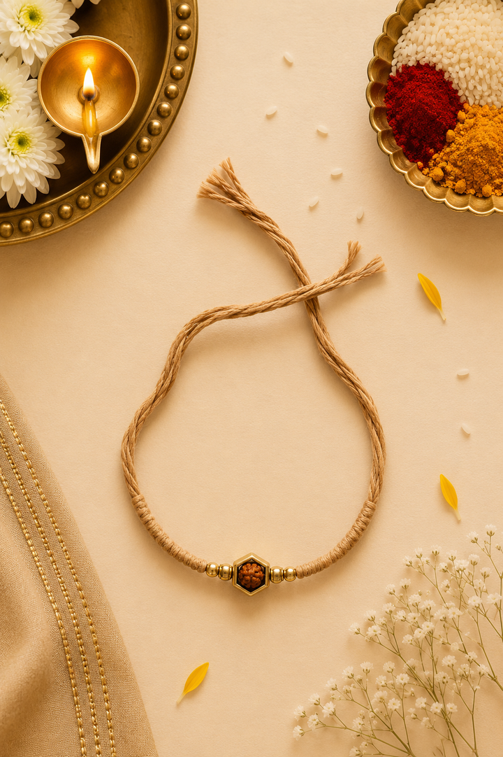 Raudra Rakhi in light brown thread with rice, haldi & kum kum dibbi gift pack