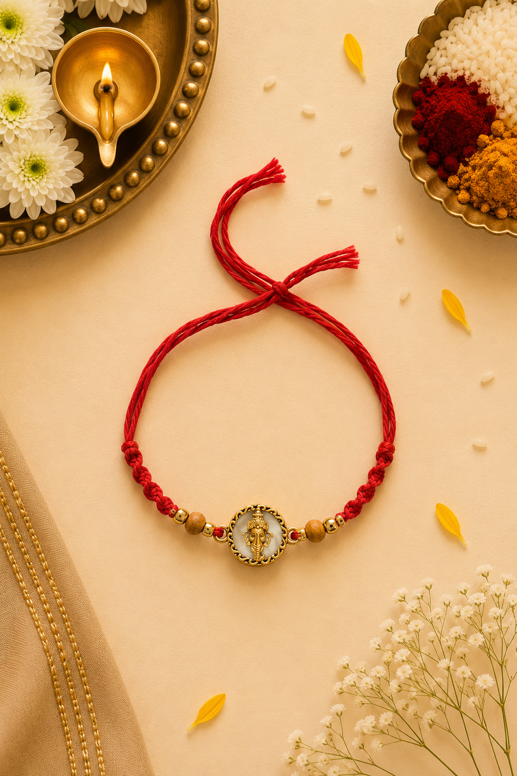 Ganesh mukh rakhi with rice, haldi & kum kum dibbi gift pack