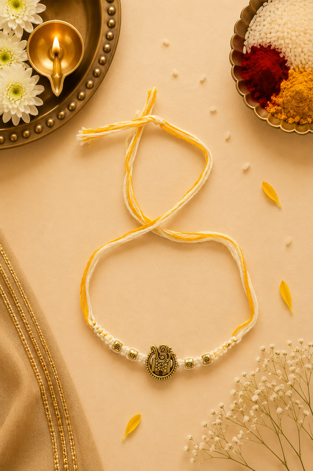 Om Damru in yellow and white thread rakhi with rice, haldi & kum kum dibbi gift pack