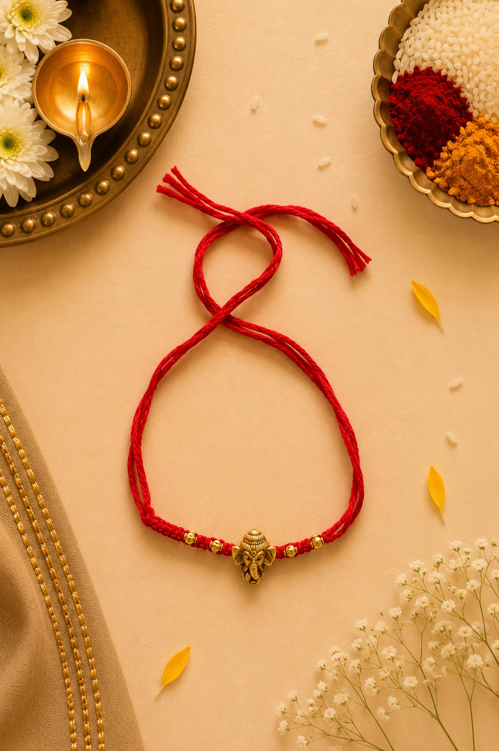 Ganesh Om rakhi in mauli thread with rice, haldi & kum kum dibbi gift pack.