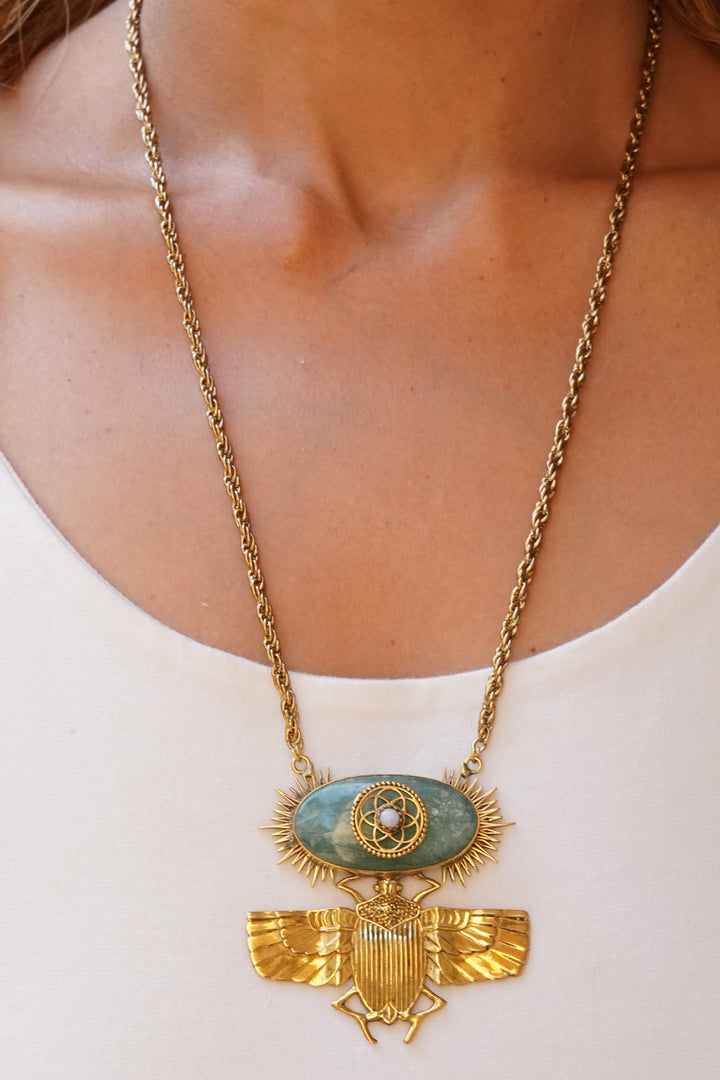 Scarab long chain with aquamarine