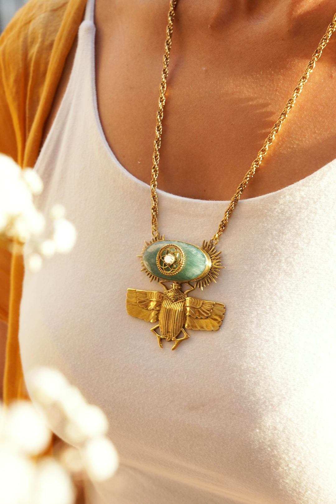 Scarab long chain with aquamarine