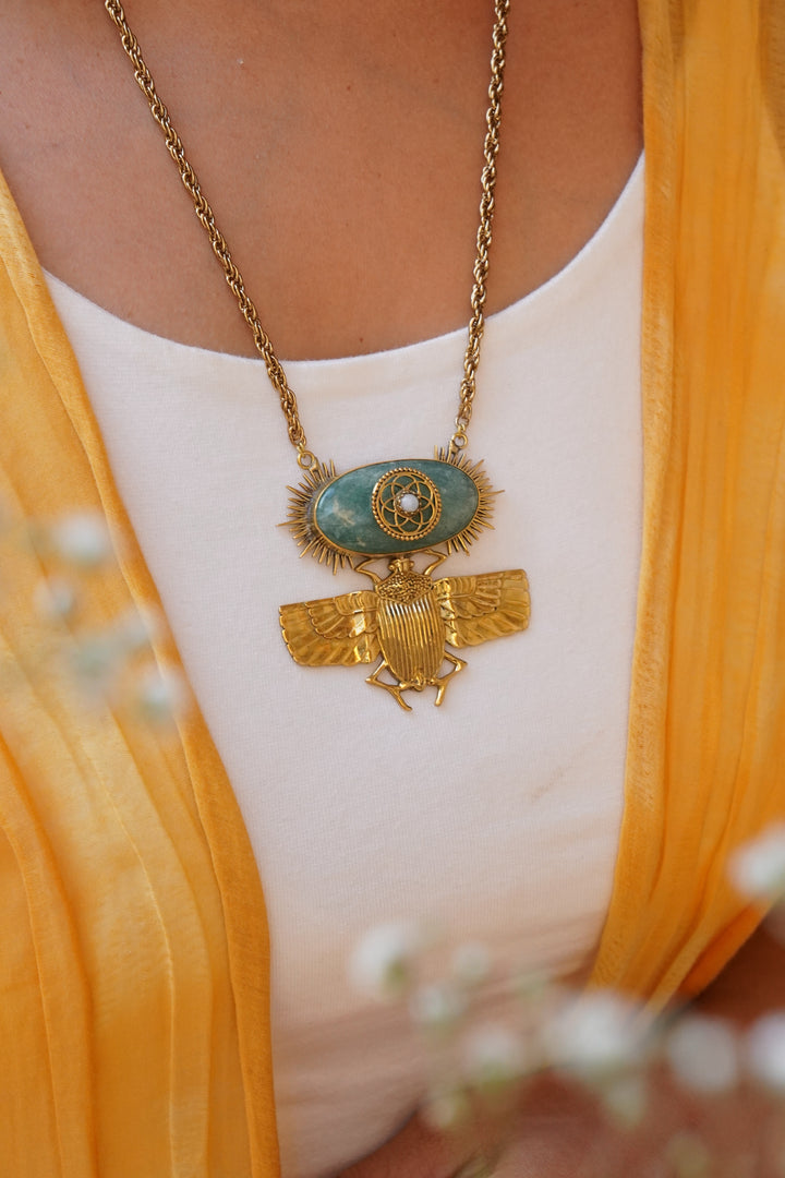 Scarab long chain with aquamarine