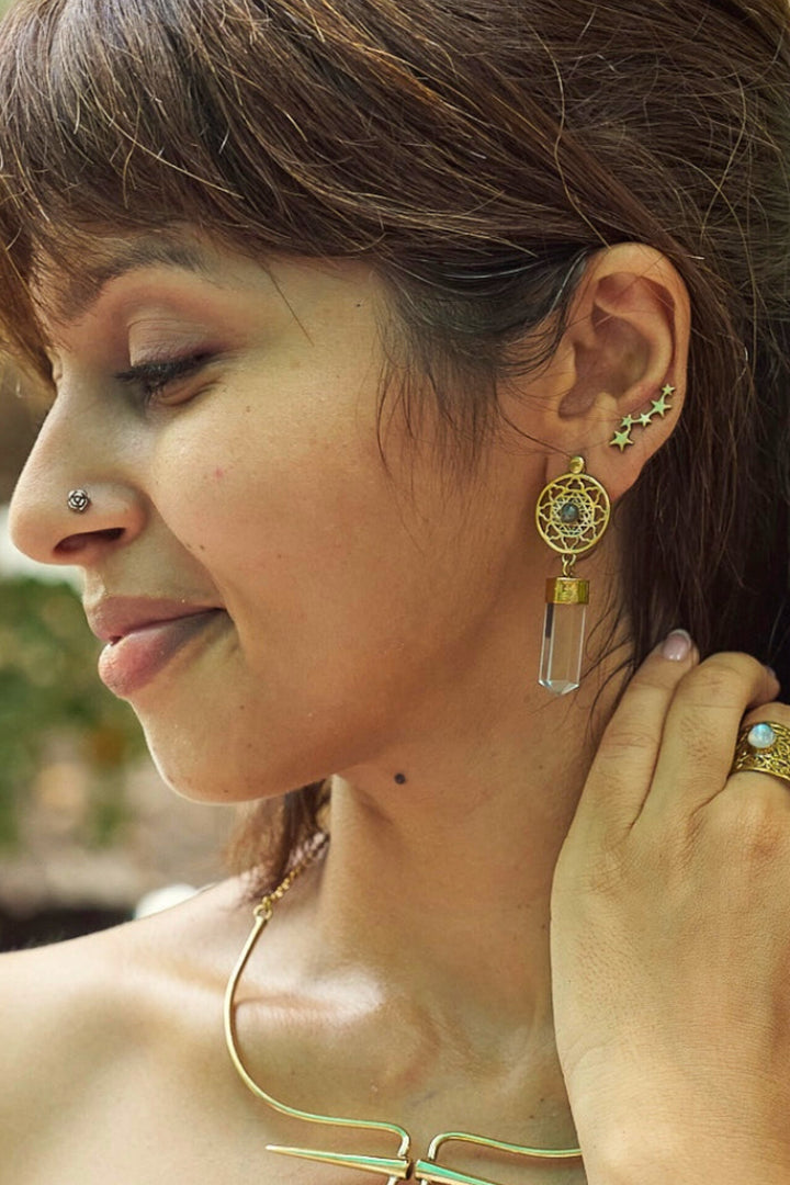 Clear quartz mandala with detachable stud earrings.