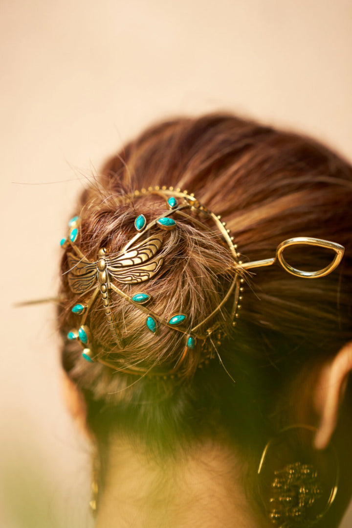 Turquoise dragonfly hair bun