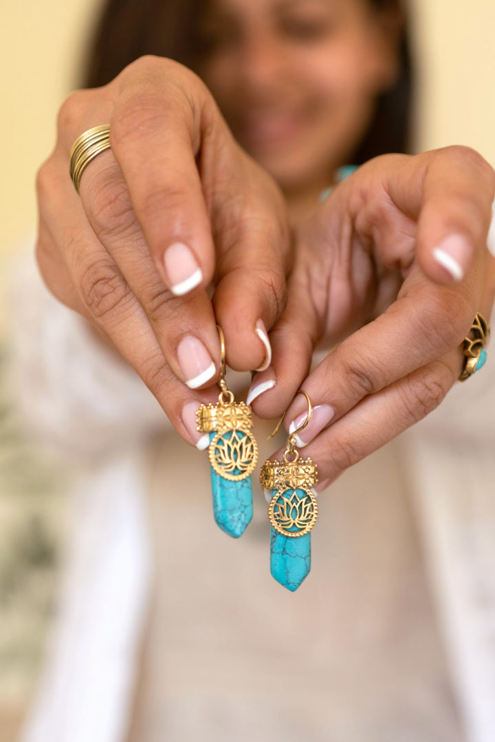 Turquoise lotus pencil drop earrings