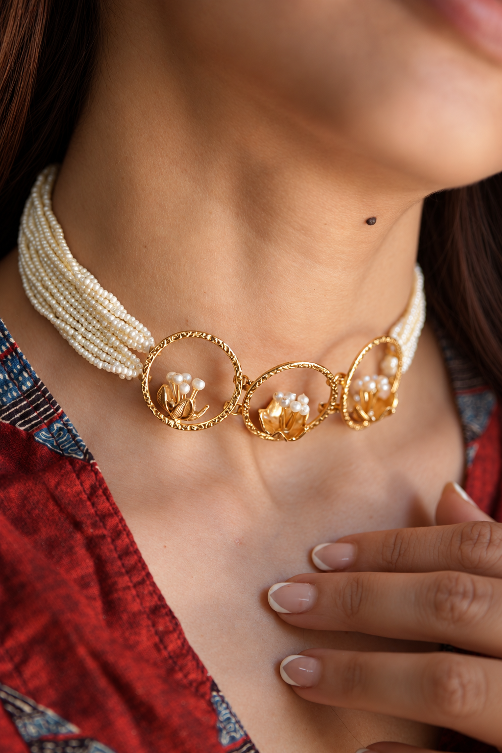 Pearl Blossom Trio Brass Gold Plated Choker