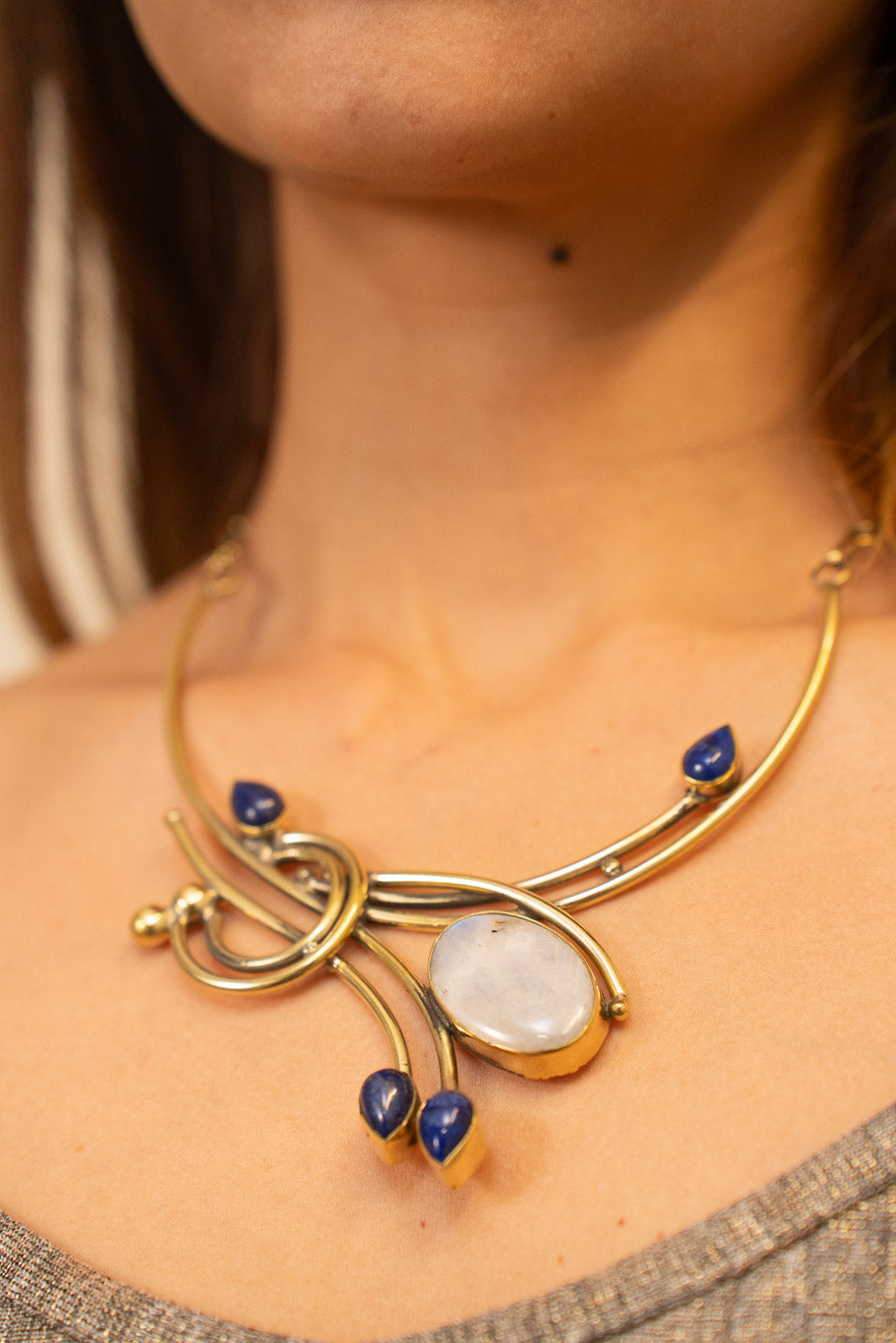 Vintage Necklace with Moonstone and Lapis Lazuli