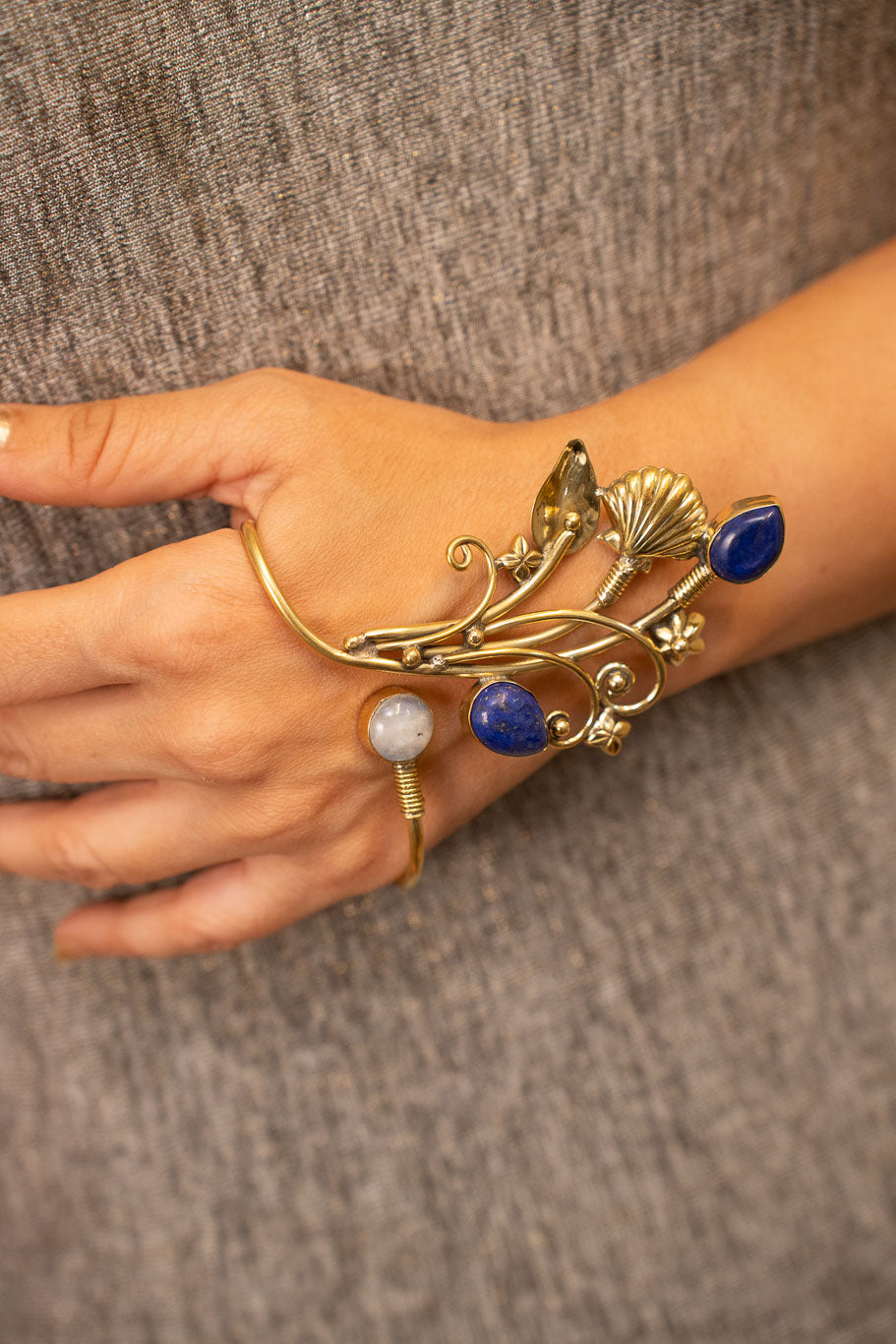 Floral Wine Moonstone and Lapis Lazuli Handcuff- single piece