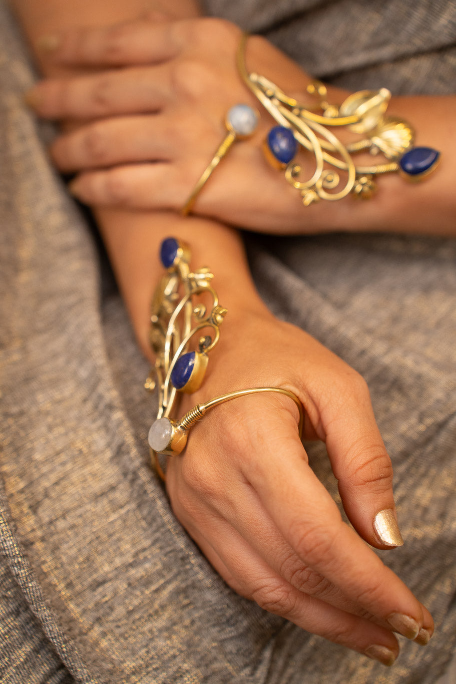 Floral Wine Moonstone and Lapis Lazuli Handcuff- single piece