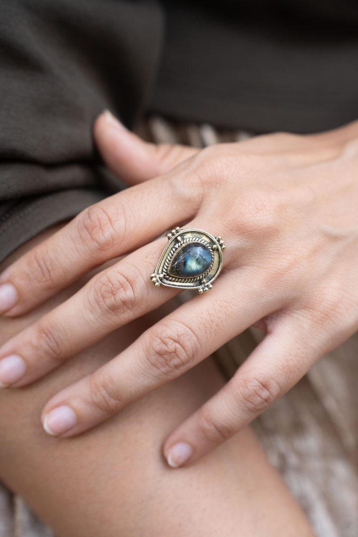 Banjara Labradorite Brass Ring| 5-8 Adjustable
