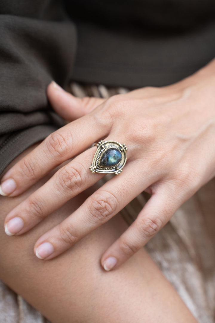 Banjara Labradorite Brass Ring| 5-8 Adjustable