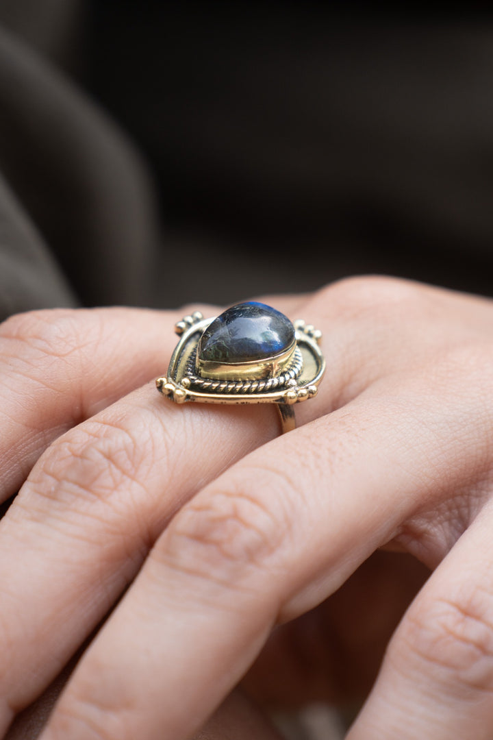 Banjara Labradorite Brass Ring| 5-8 Adjustable