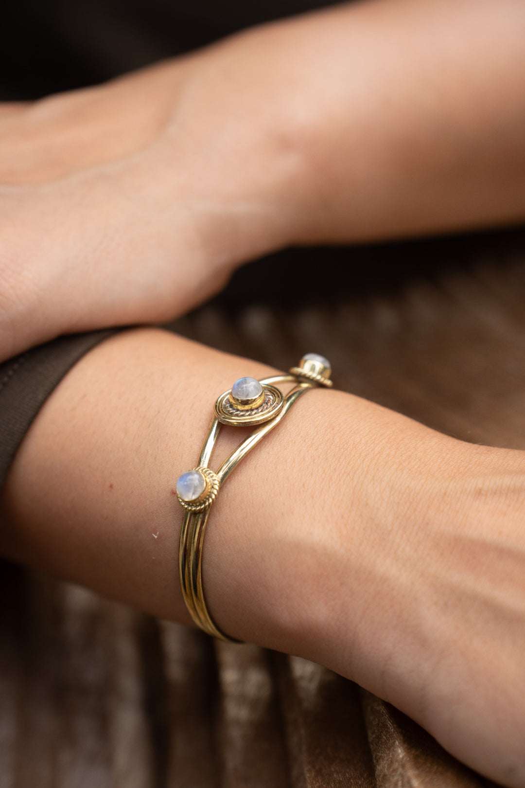 Luna Trio Moonstone Adjustable Brass Bangle
