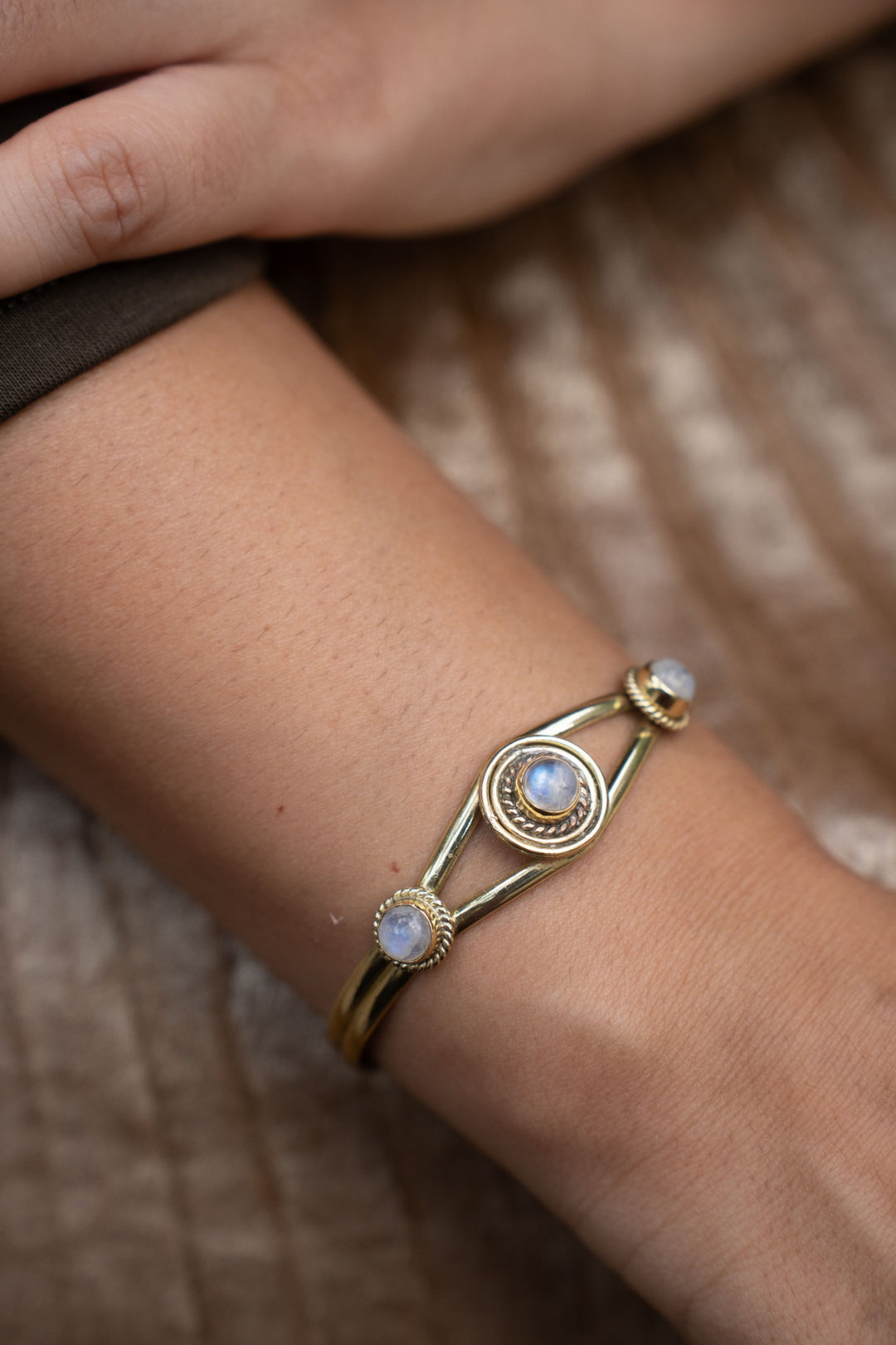 Luna Trio Moonstone Adjustable Brass Bangle