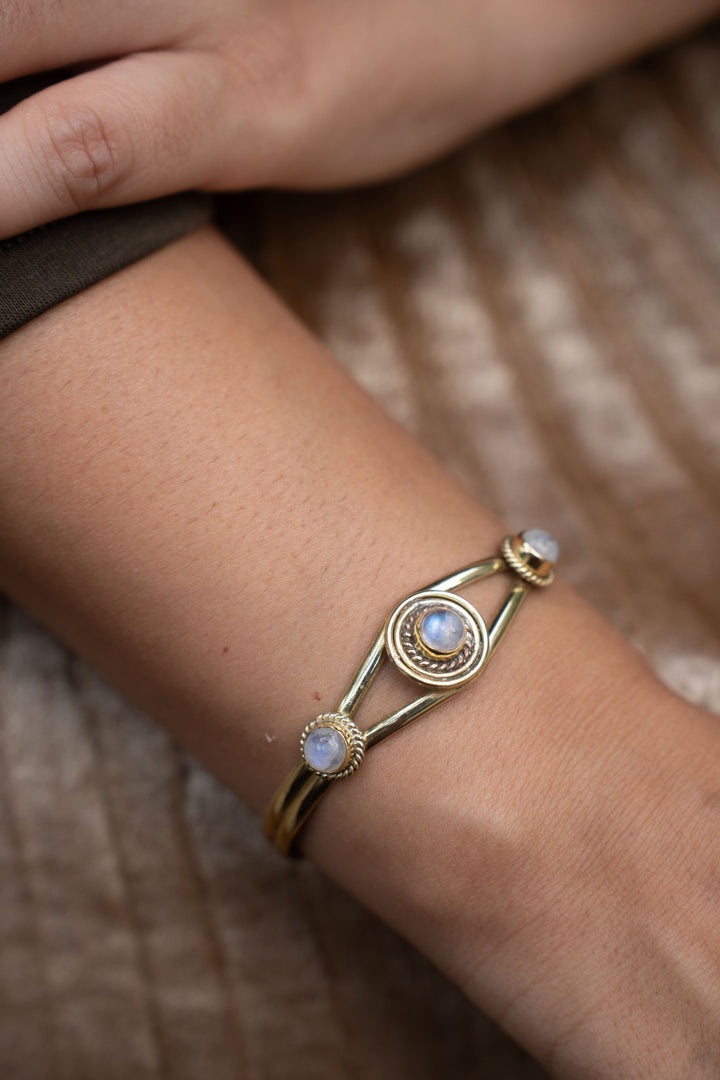 Luna Trio Moonstone Adjustable Brass Bangle