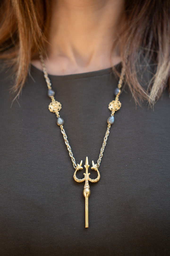 Trishul Labradorite Long Brass Necklace
