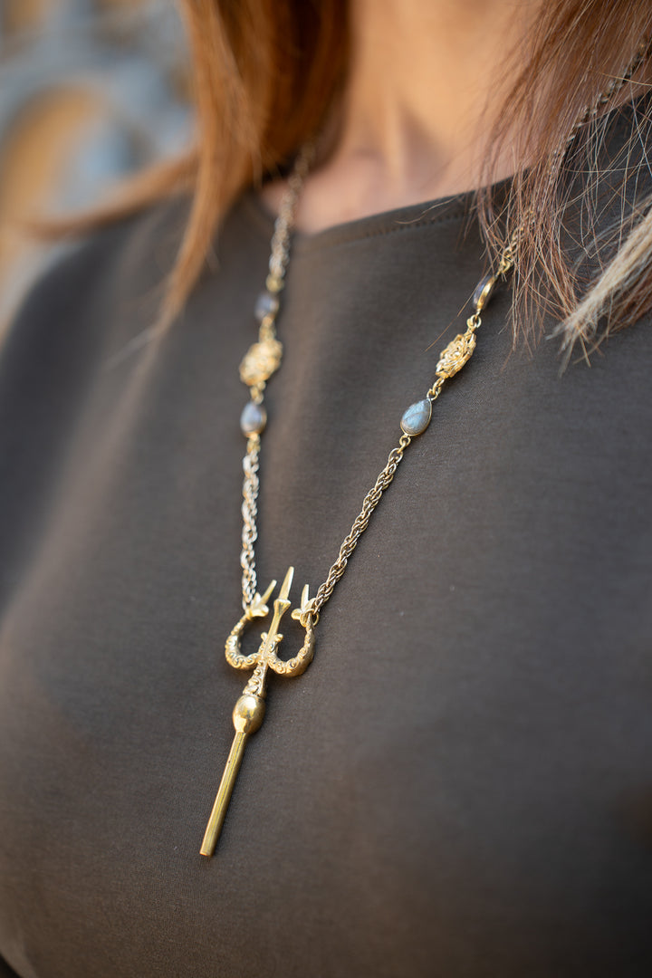 Trishul Labradorite Long Brass Necklace
