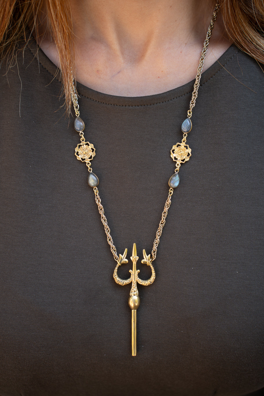 Trishul Labradorite Long Brass Necklace