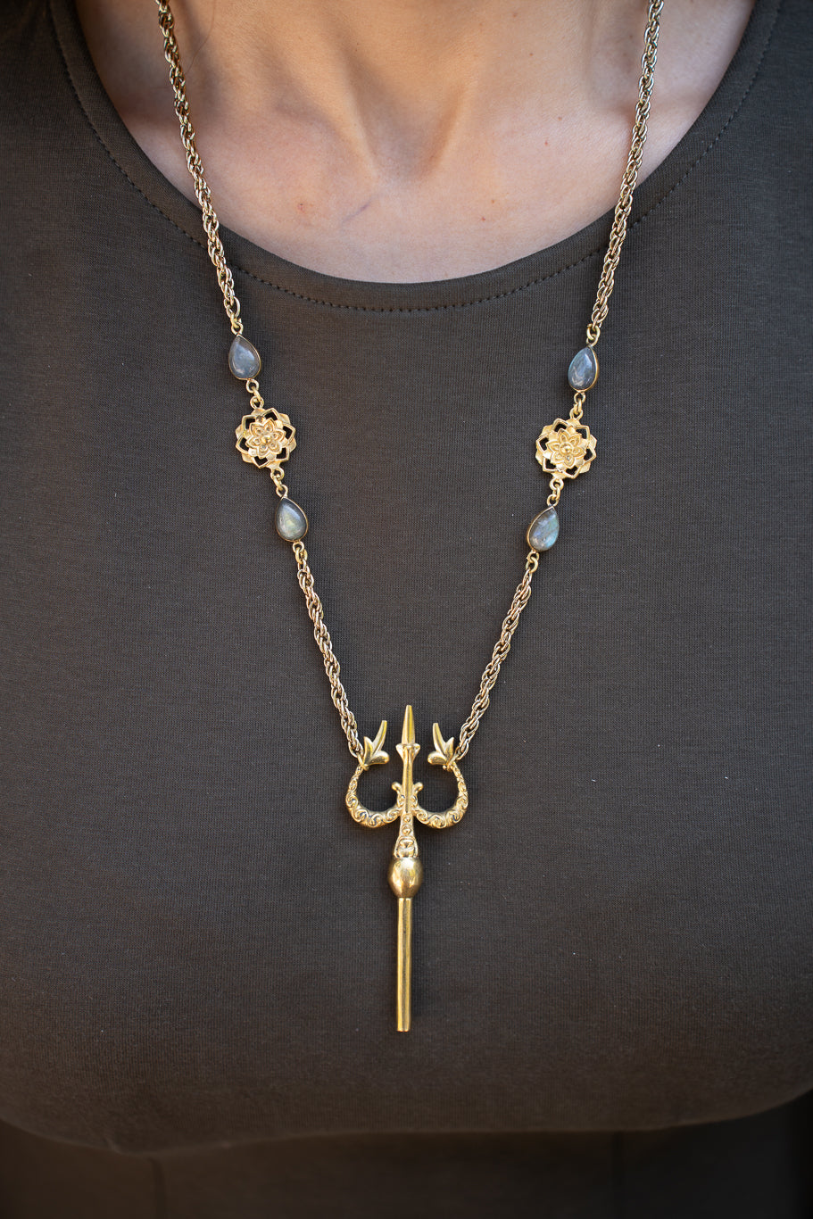 Trishul Labradorite Long Brass Necklace