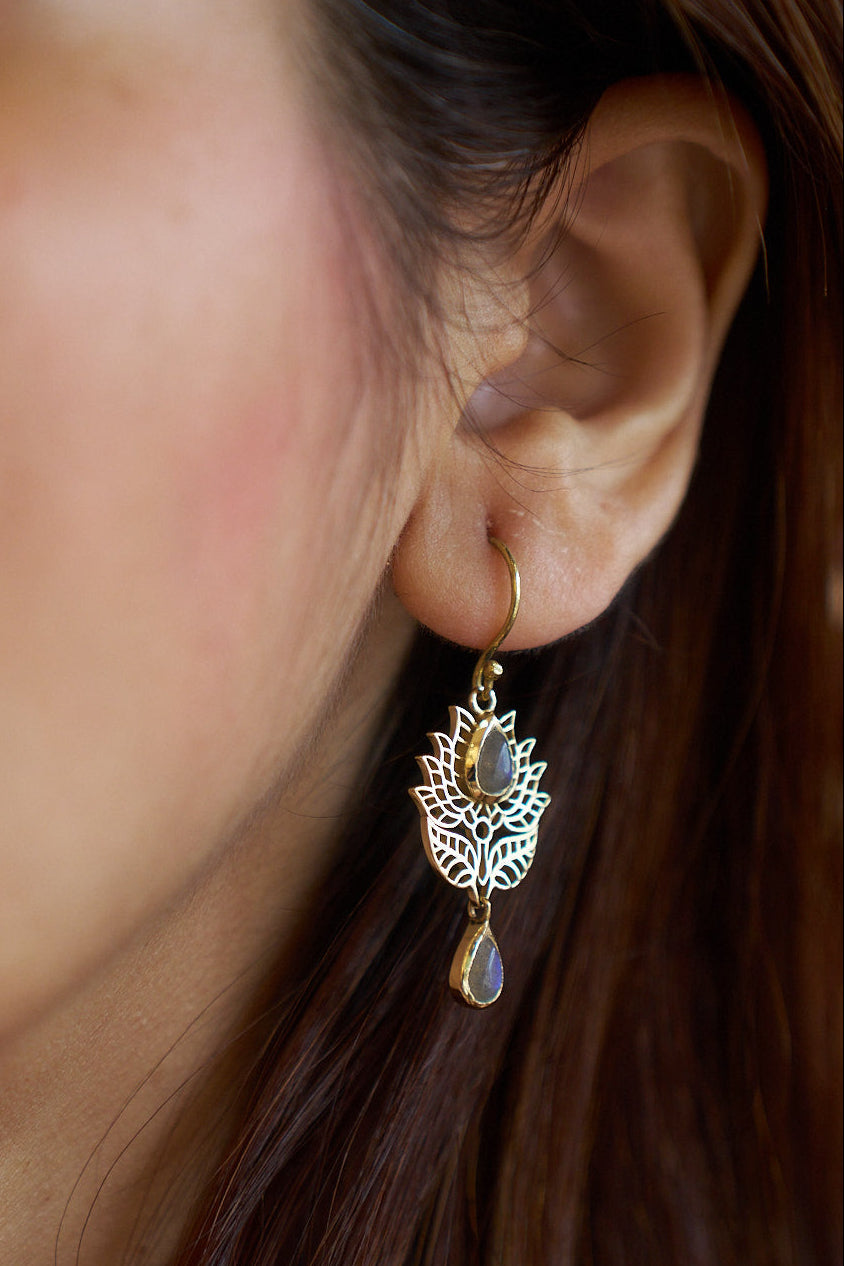 Noor Lotus Labradorite Brass Danglers