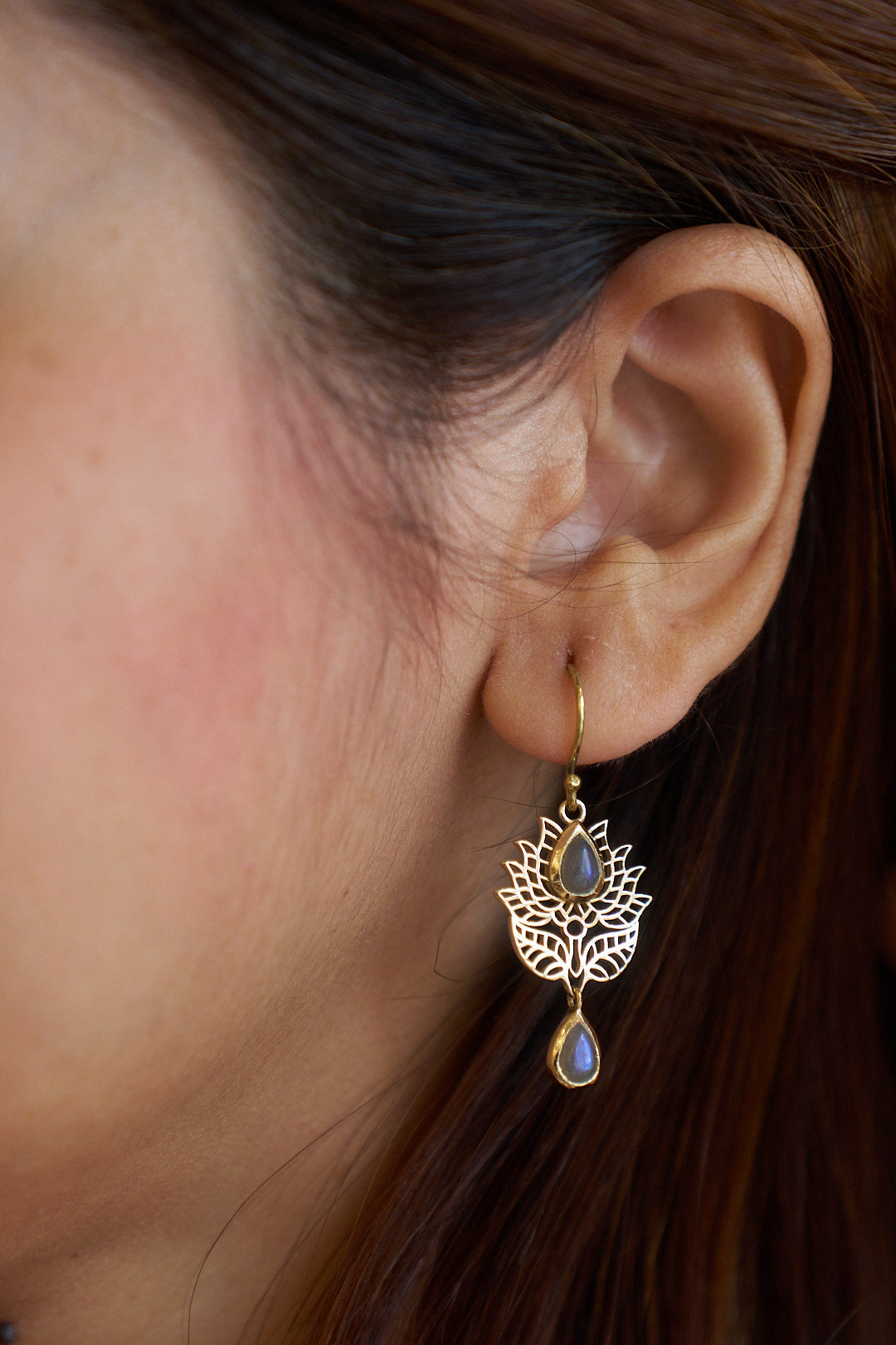 Noor Lotus Labradorite Brass Danglers