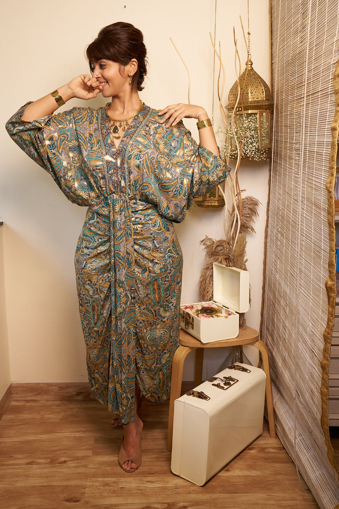 Golden fern kaftan dress