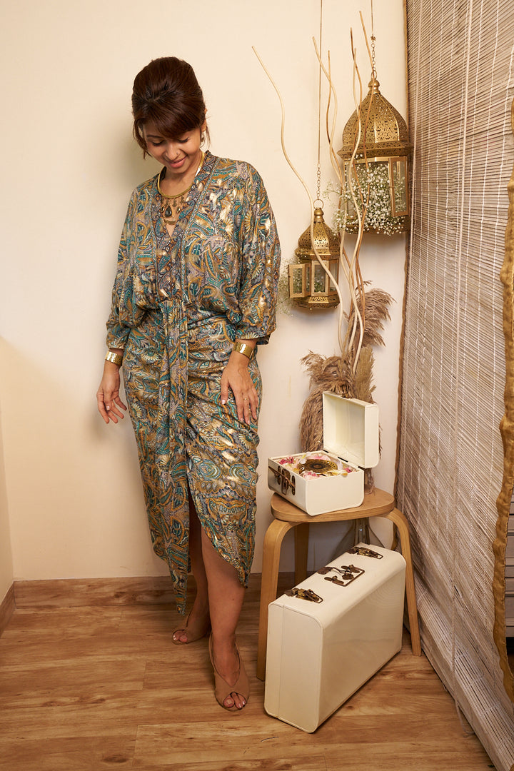 Golden fern kaftan dress