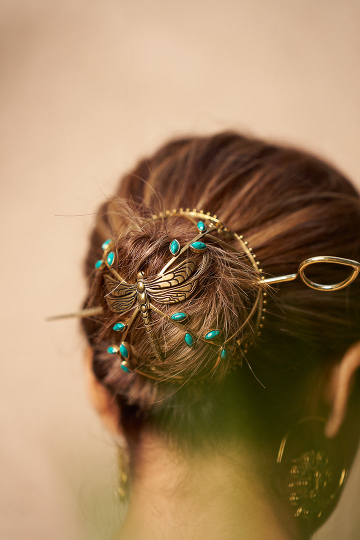 Turquoise dragonfly hair bun