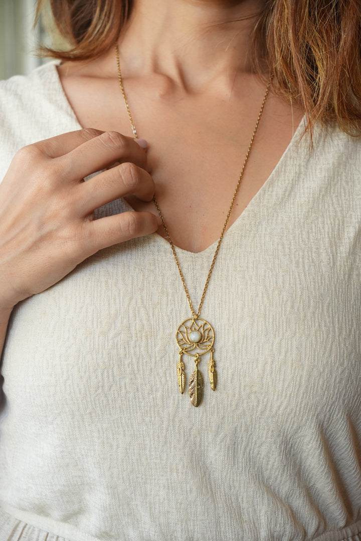 Moonstone lotus long pendant chain