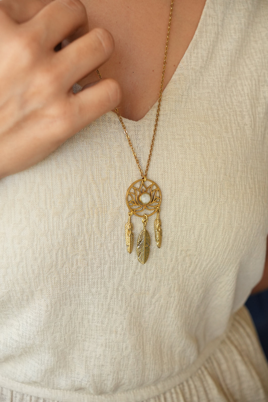 Moonstone lotus long pendant chain