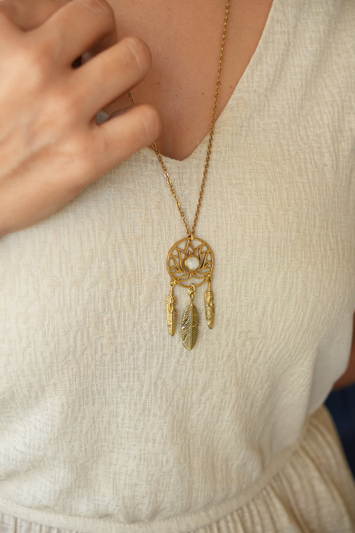 Moonstone lotus long pendant chain