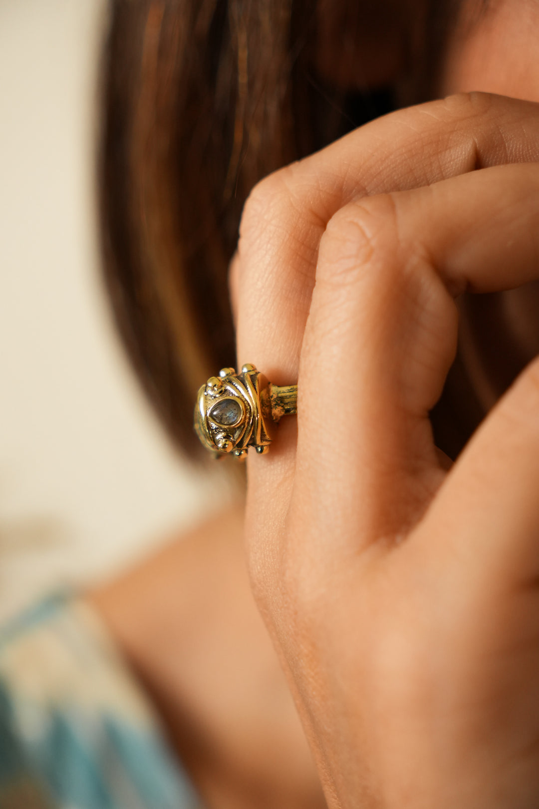 Damru Labradorite brass adjustable ring. Size 6-8