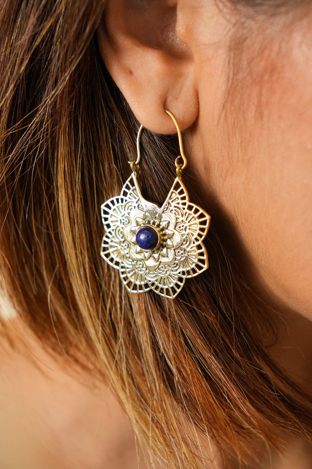 Flower of Lapis brass hoops
