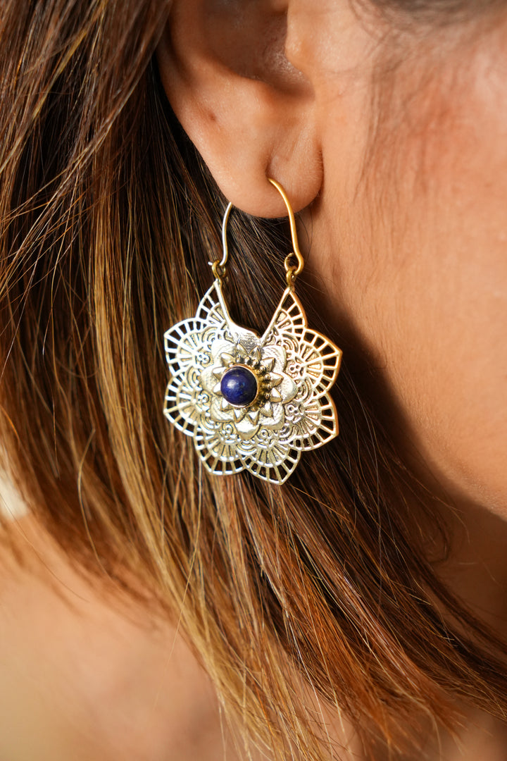 Flower of Lapis brass hoops
