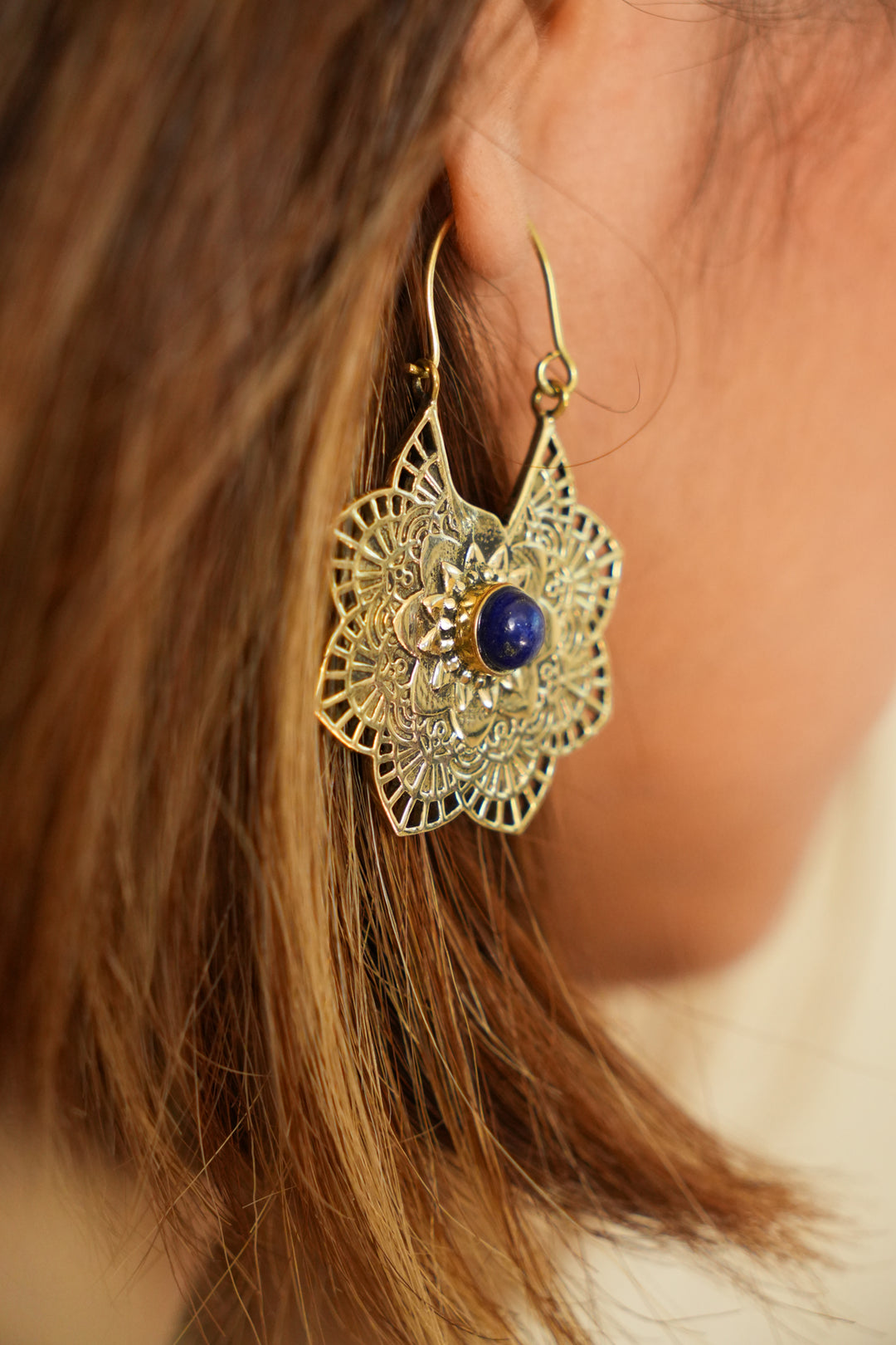 Flower of Lapis brass hoops
