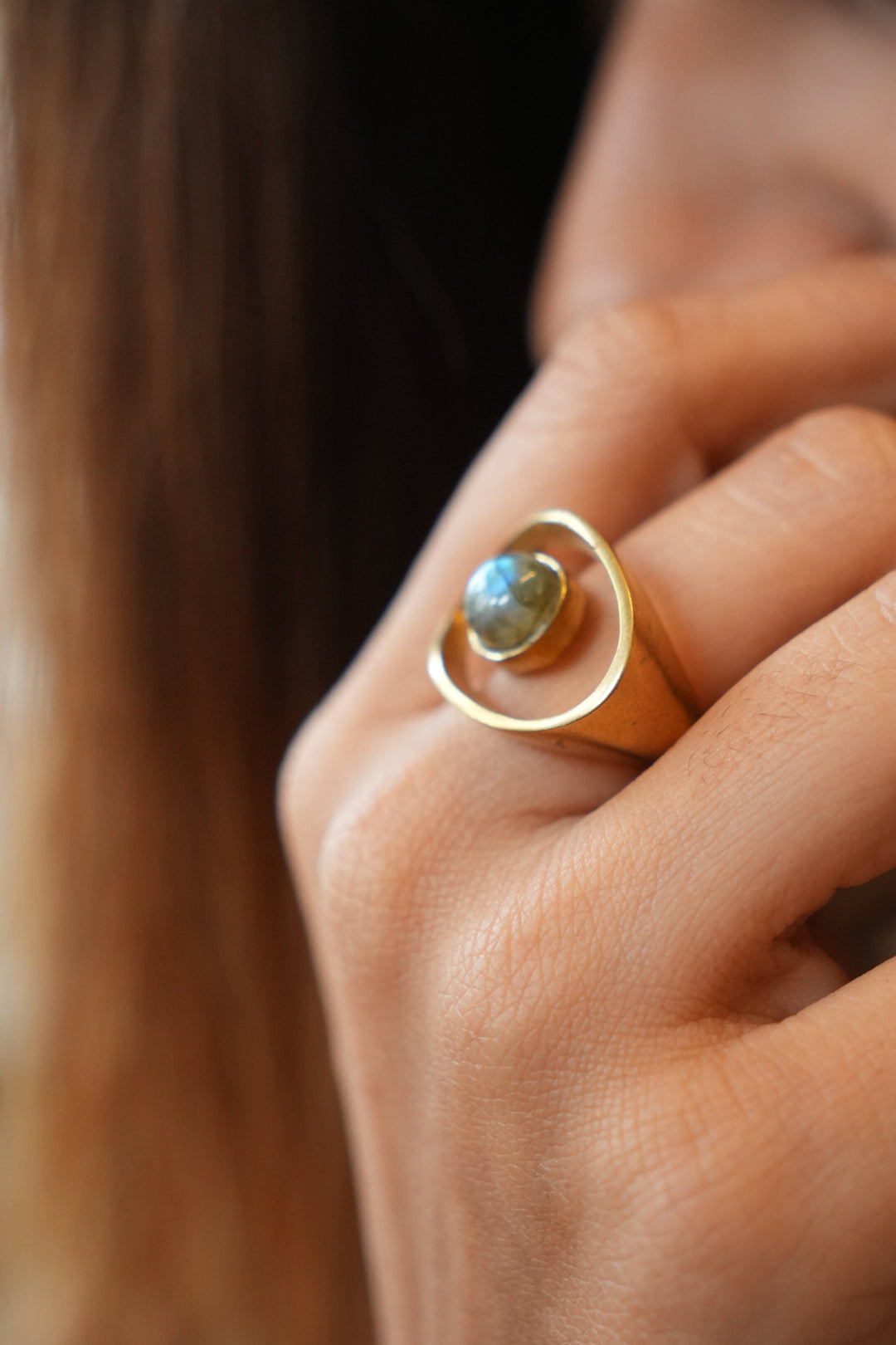 Labradorite adjustable brass band. Size 5-7