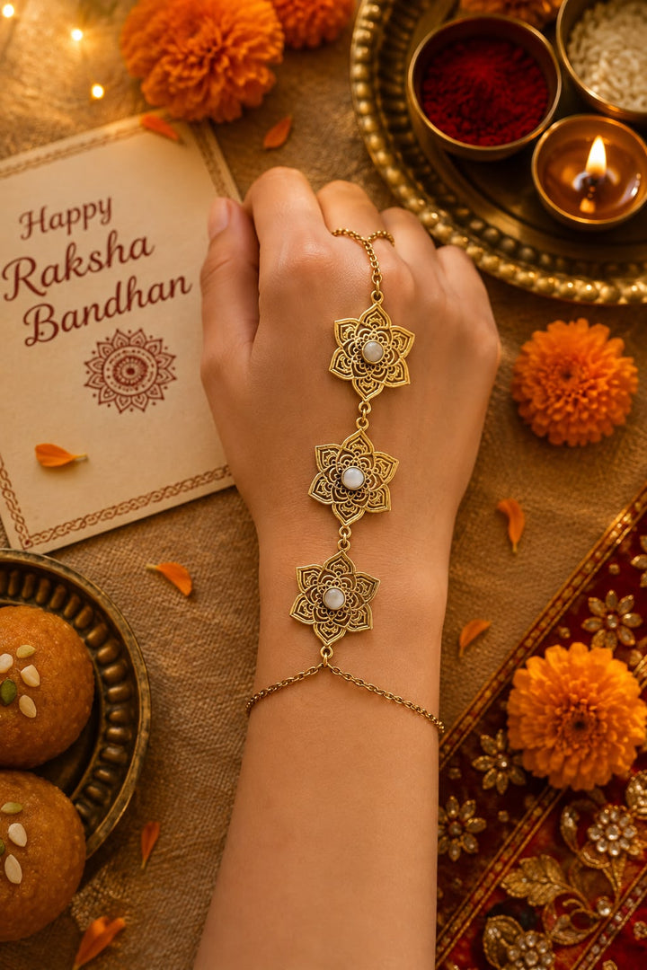 Moonstone Mandala Lumba Rakhi With Rice, Haldi & Kum Kum Dibbi gift pack