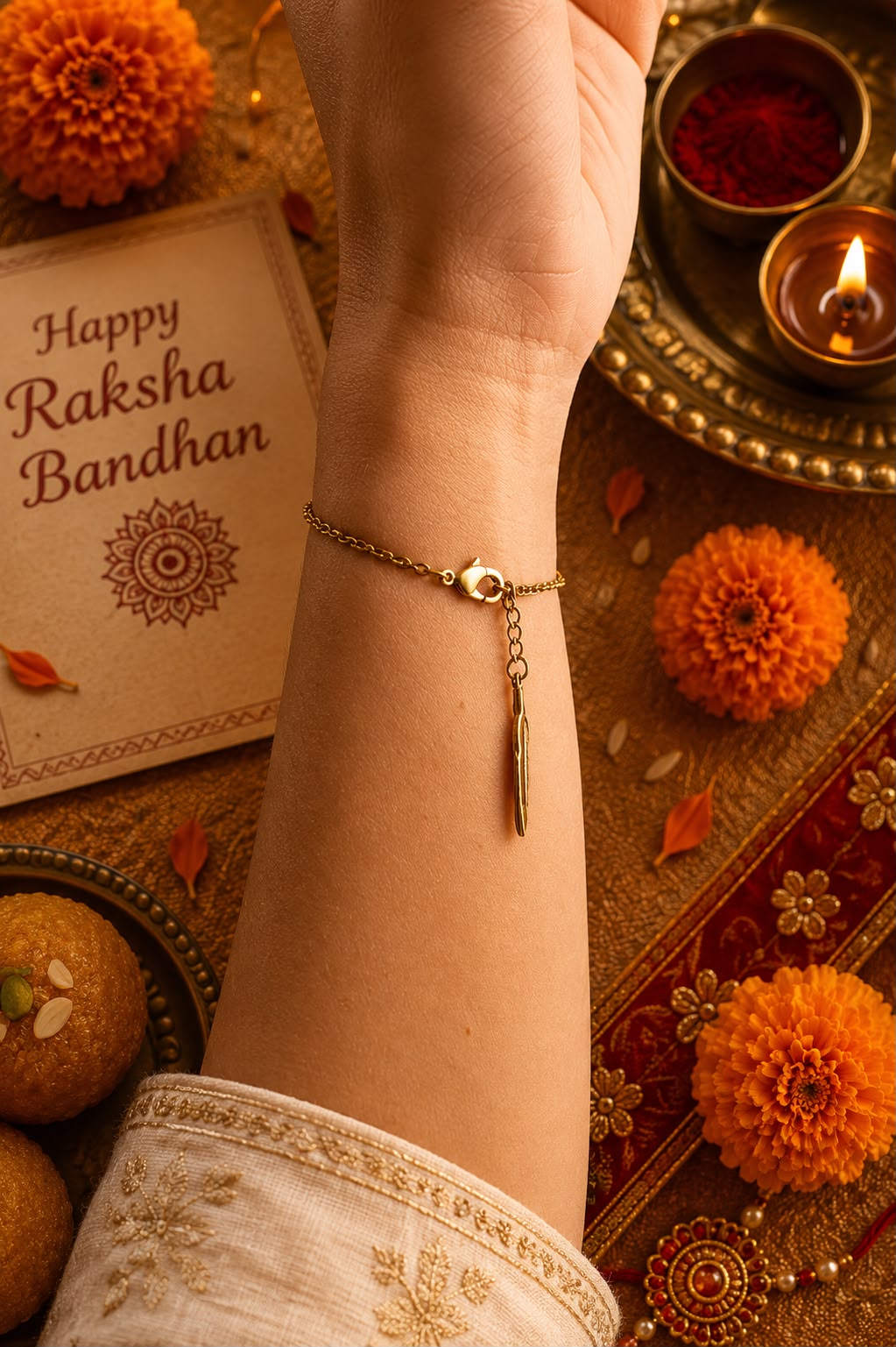 Moonstone Mandala Lumba Rakhi With Rice, Haldi & Kum Kum Dibbi gift pack