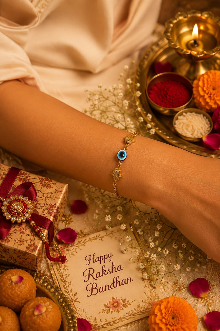 Nazar battu Lumba Rakhi With Rice, Haldi & Kum Kum Dibbi gift pack