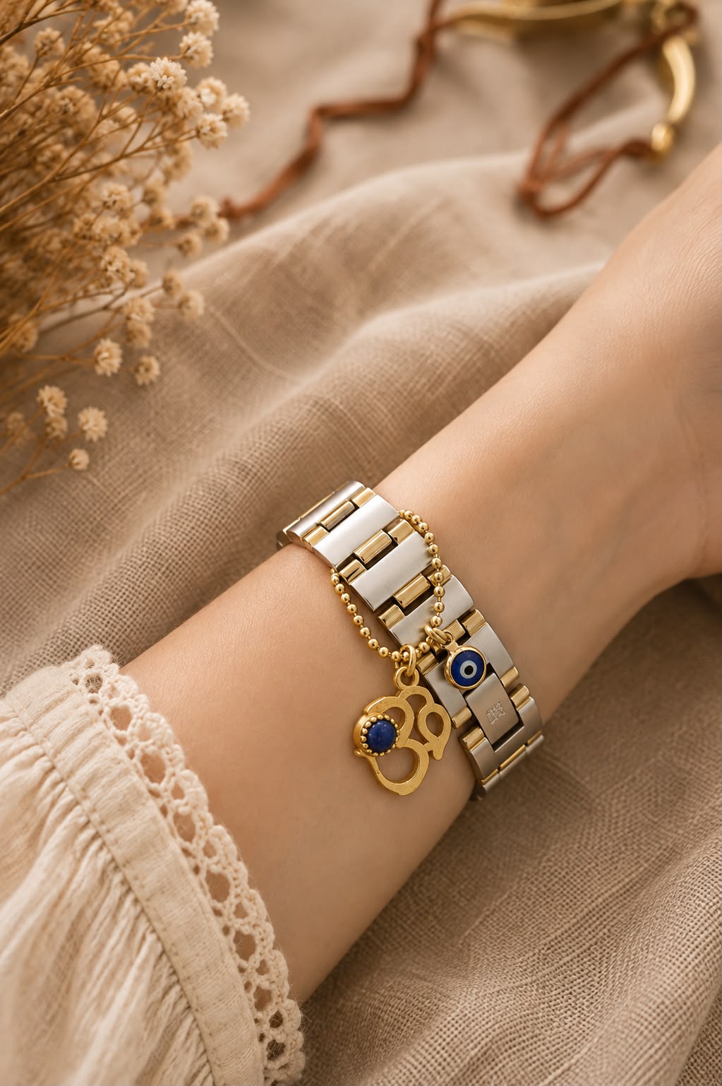 Lapis Sacred Om Evil Eye Watch Charm