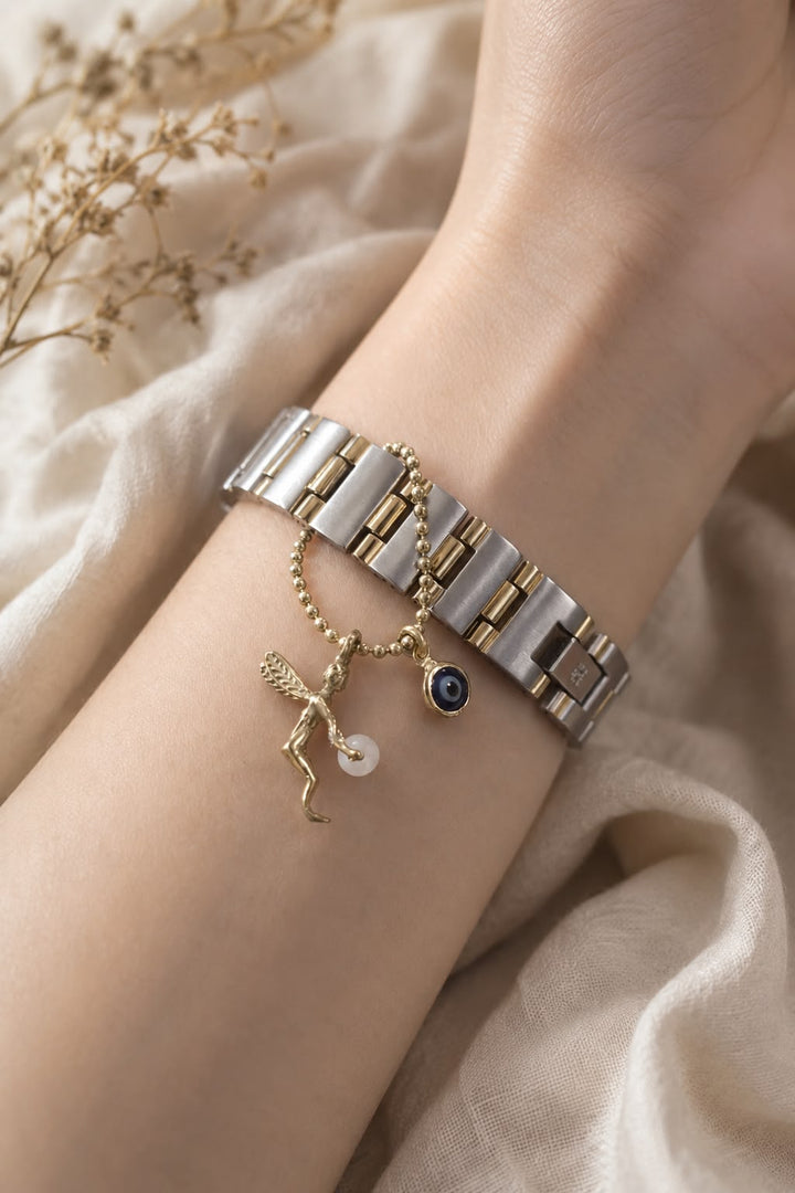 Rose quartz Fairy with Evil- Eye Brass Watch Charm