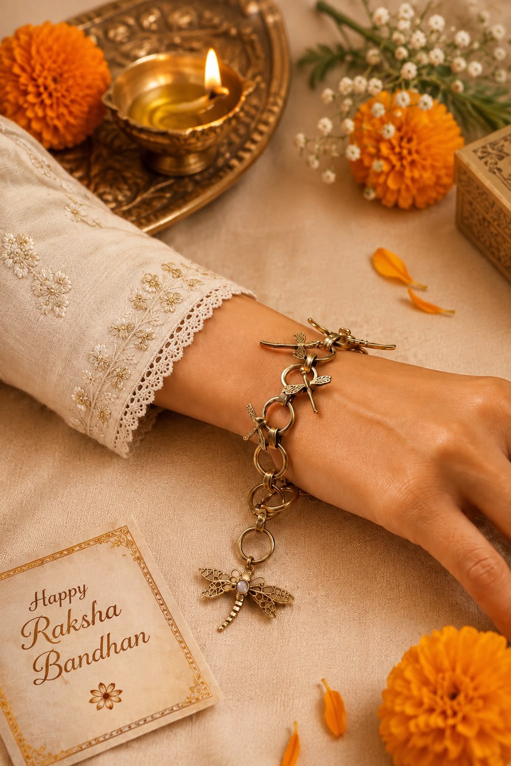 Fly away dragonfly charm Rakhi With Rice, Haldi & Kum Kum Dibbi Gift Pack