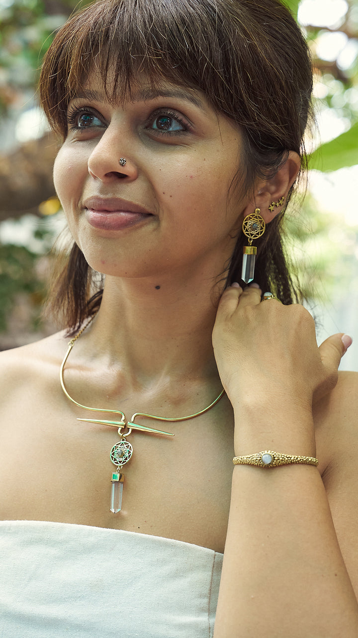 Clear quartz mandala with detachable stud earrings.