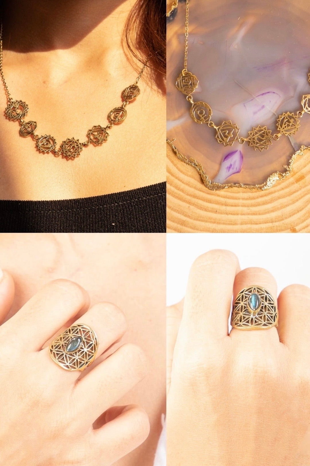 Seven chakra necklace + Labradorite flower of life adjustable ring combo of 2 items pre order.